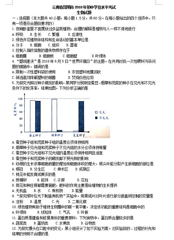 云南生物中考會(huì)考試卷