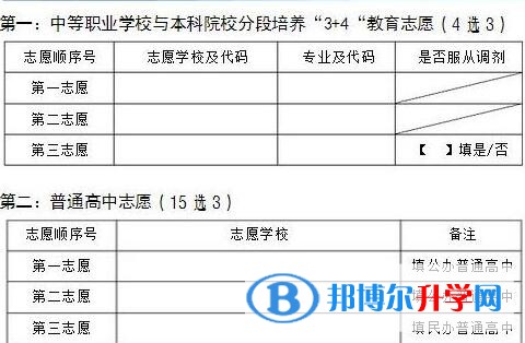 昆明中考志愿的樣表