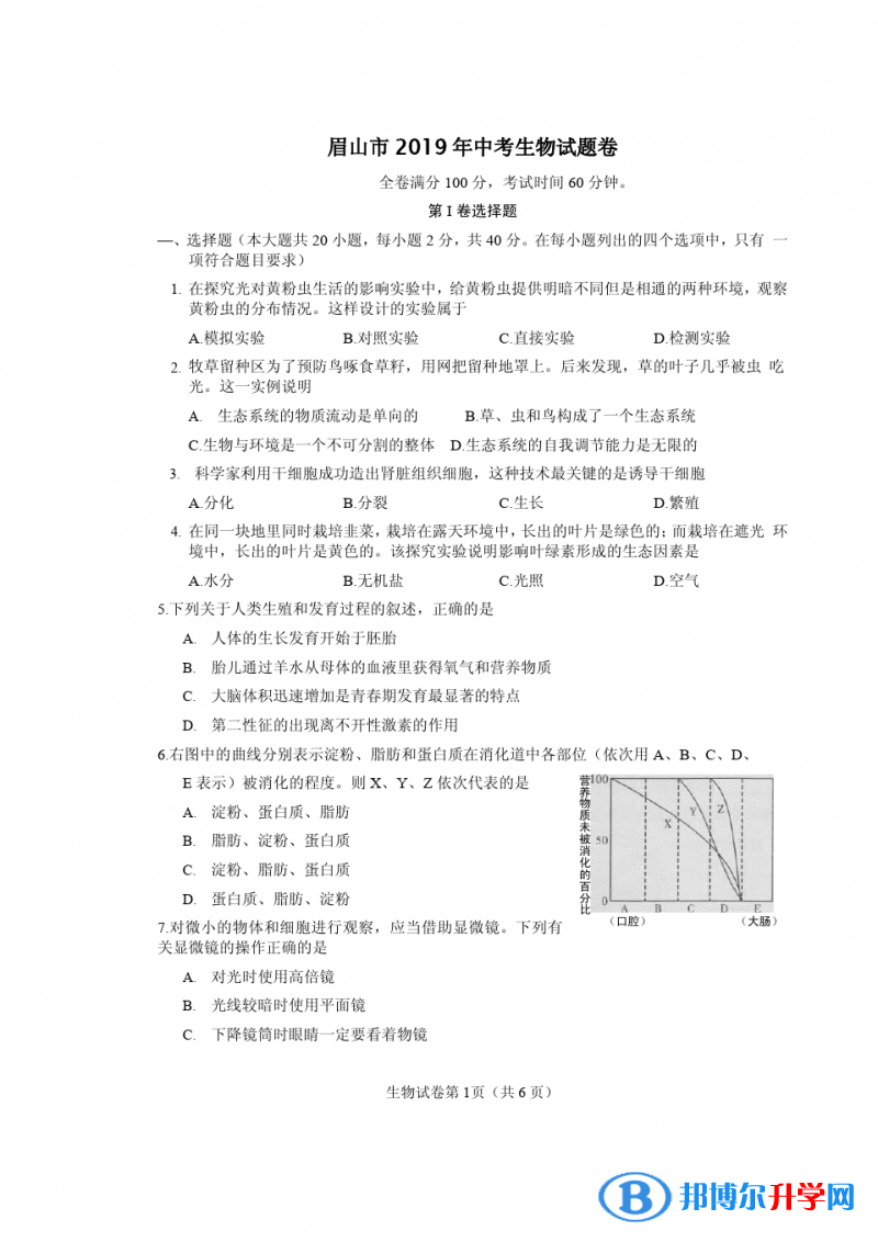 2020年眉山生物中考會考試卷