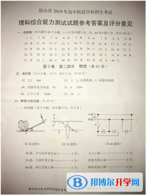 2020年眉山中考理綜答案