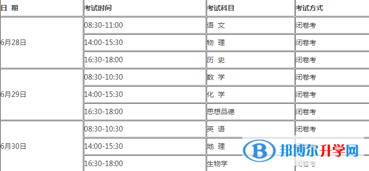 2021年怒江中考日期