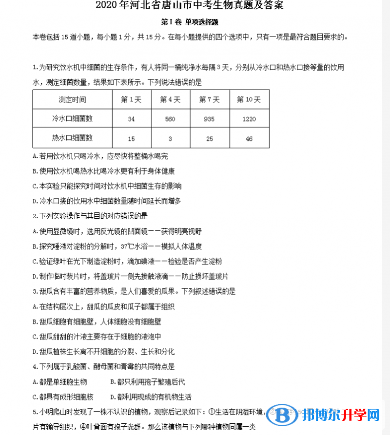 2021年唐山生物中考會考試卷