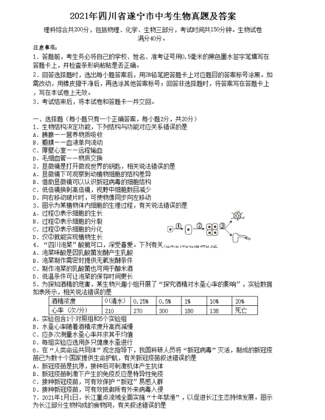 遂寧2022年生物中考會(huì)考試卷