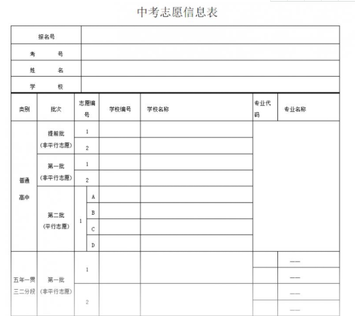 遂寧2022年中考志愿的樣表