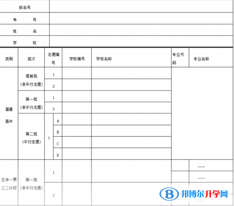 南充2022年中考志愿的樣表